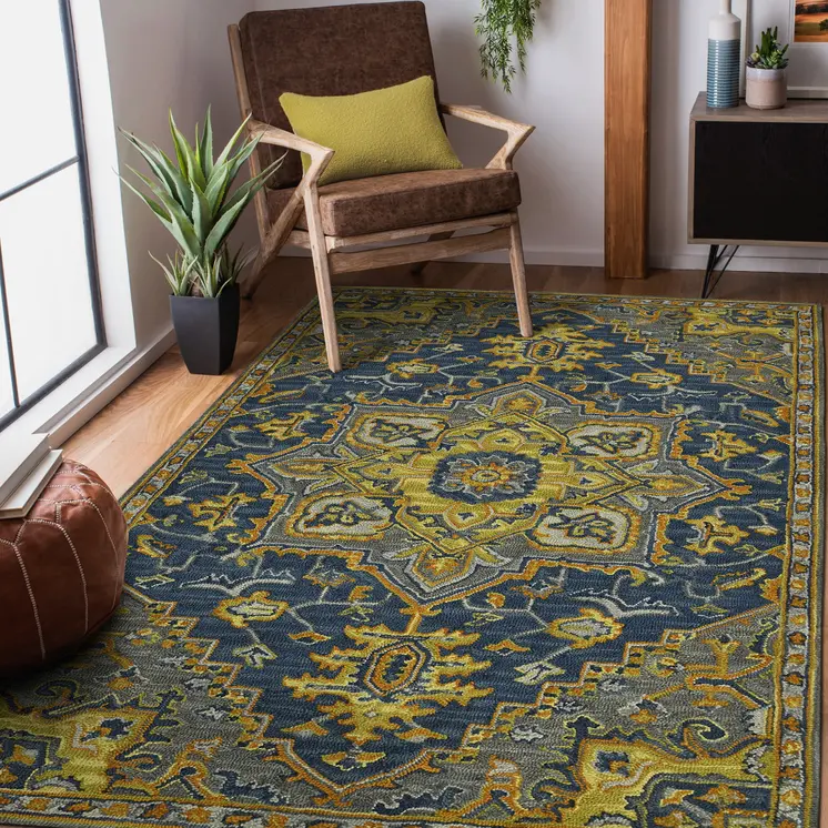 8' X 10' Blue Gray And Orange Wool Medallion Hand Tufted Area Rug