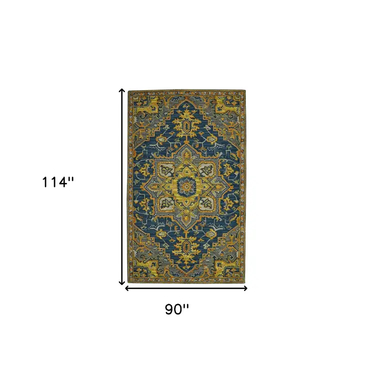 8' X 10' Blue Gray And Orange Wool Medallion Hand Tufted Area Rug