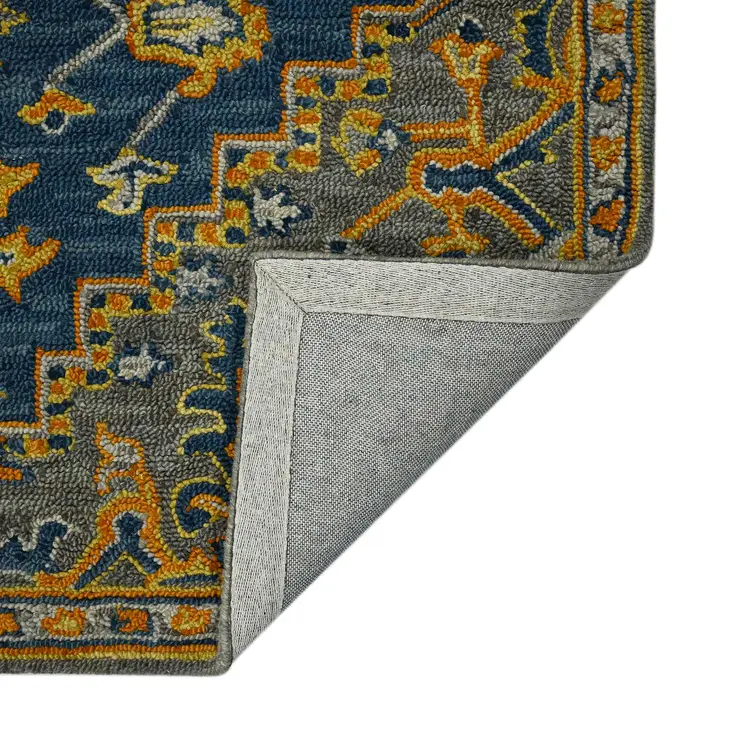 8' X 11' Blue Gray And Orange Wool Medallion Hand Tufted Area Rug
