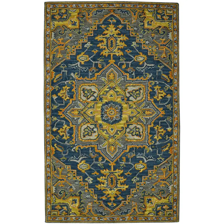 8' X 11' Blue Gray And Orange Wool Medallion Hand Tufted Area Rug