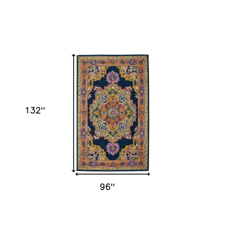 8' X 11' Blue Purple And Brown Wool Medallion Hand Tufted Area Rug