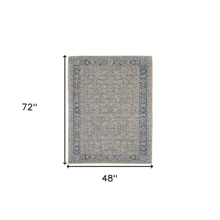 4' X 6' Gold Charcoal And Ivory Wool Medallion Hand Woven Area Rug