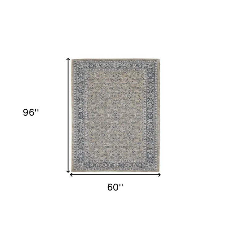 5' X 8' Gold Charcoal And Ivory Wool Medallion Hand Woven Area Rug