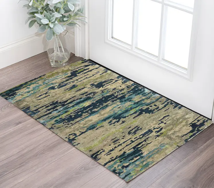 2' X 3' Sand And Green Wool Abstract Hand Tufted Area Rug