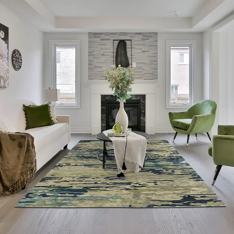 2' X 3' Sand And Green Wool Abstract Hand Tufted Area Rug