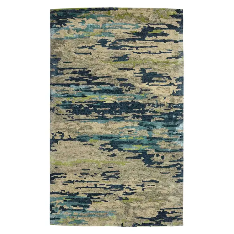 9' X 13' Sand And Green Wool Abstract Hand Tufted Area Rug