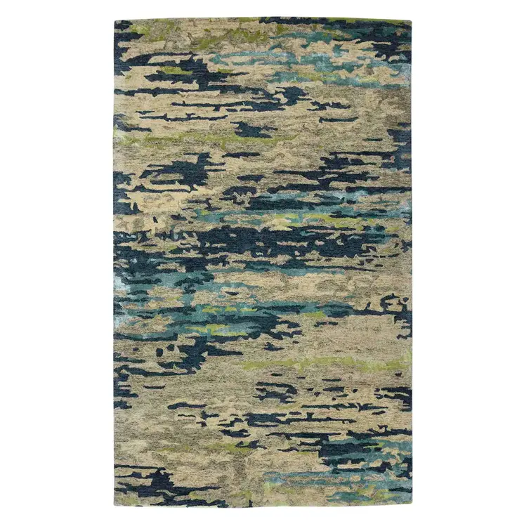 9' X 13' Sand And Green Wool Abstract Hand Tufted Area Rug