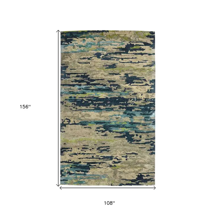 9' X 13' Sand And Green Wool Abstract Hand Tufted Area Rug