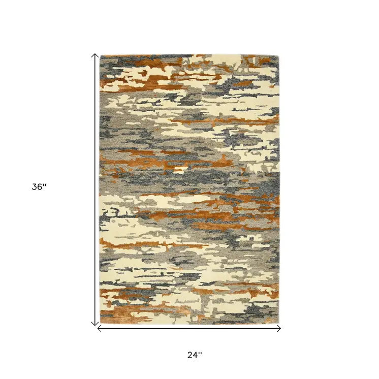 2' X 3' Orange Ivory And Green Wool Abstract Hand Tufted Area Rug