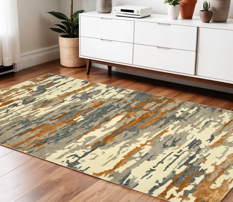 4' X 6' Orange Ivory And Green Wool Abstract Hand Tufted Area Rug