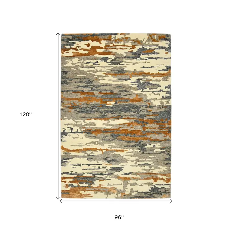 8' X 10' Orange Ivory And Green Wool Abstract Hand Tufted Area Rug