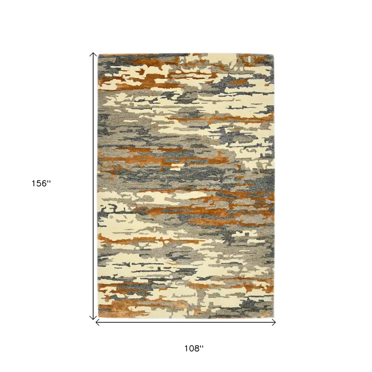 9' X 13' Orange Ivory And Green Wool Abstract Hand Tufted Area Rug