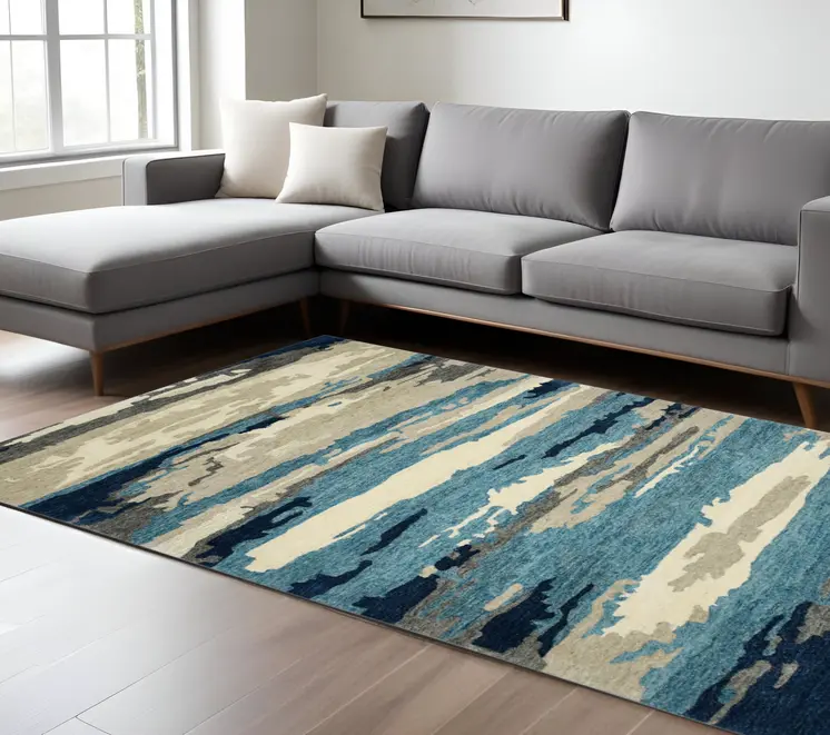 8' X 10' Blue Gray And Ivory Wool Abstract Hand Tufted Area Rug