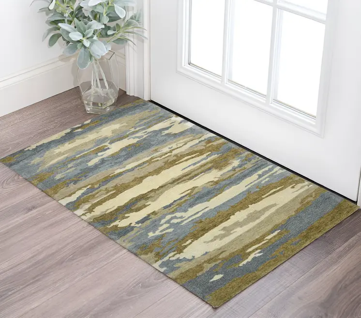 2' X 3' Light Blue Ivory And Brown Wool Abstract Hand Tufted Area Rug