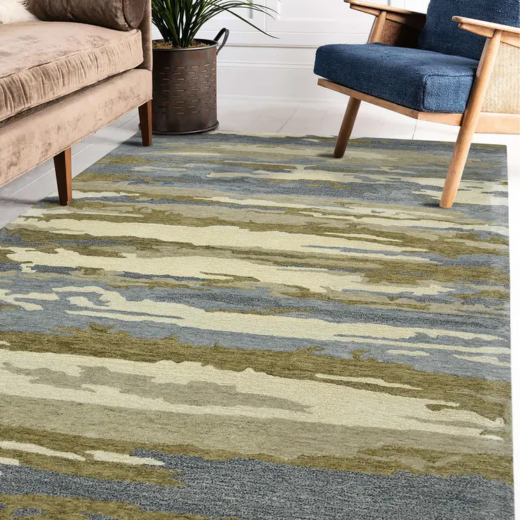 2' X 3' Light Blue Ivory And Brown Wool Abstract Hand Tufted Area Rug