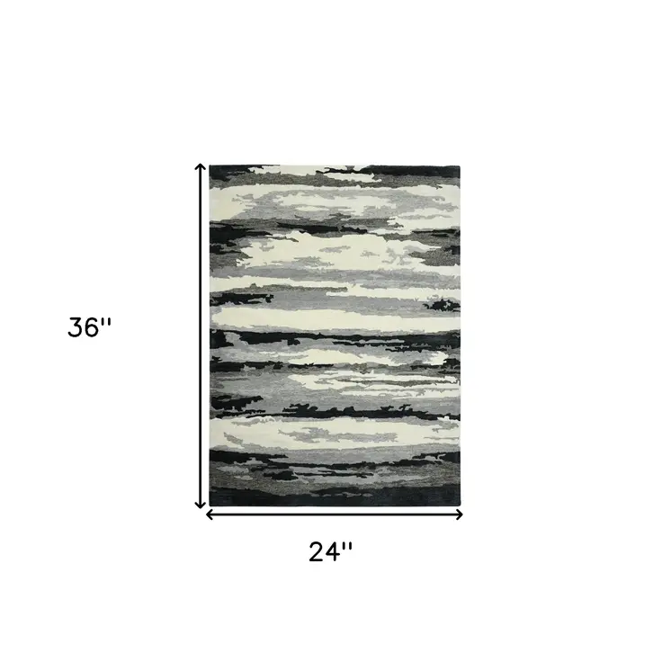 2' X 3' Dark Gray Black And Ivory Wool Abstract Hand Tufted Area Rug