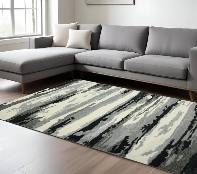 8' X 10' Dark Gray Black And Ivory Wool Abstract Hand Tufted Area Rug