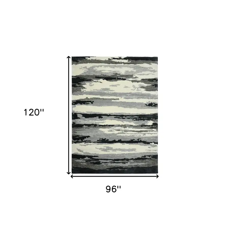 8' X 10' Dark Gray Black And Ivory Wool Abstract Hand Tufted Area Rug