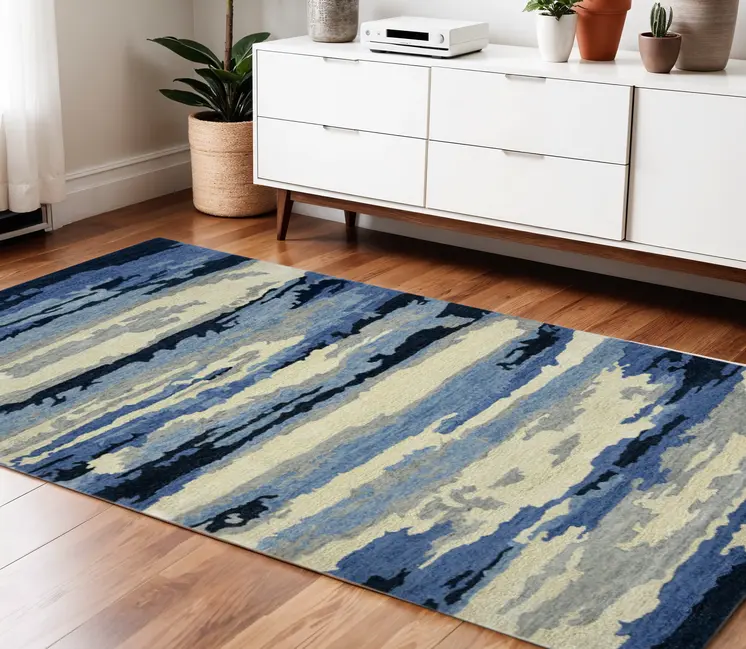 4' X 6' Navy Blue Ivory And Gray Wool Abstract Hand Tufted Area Rug