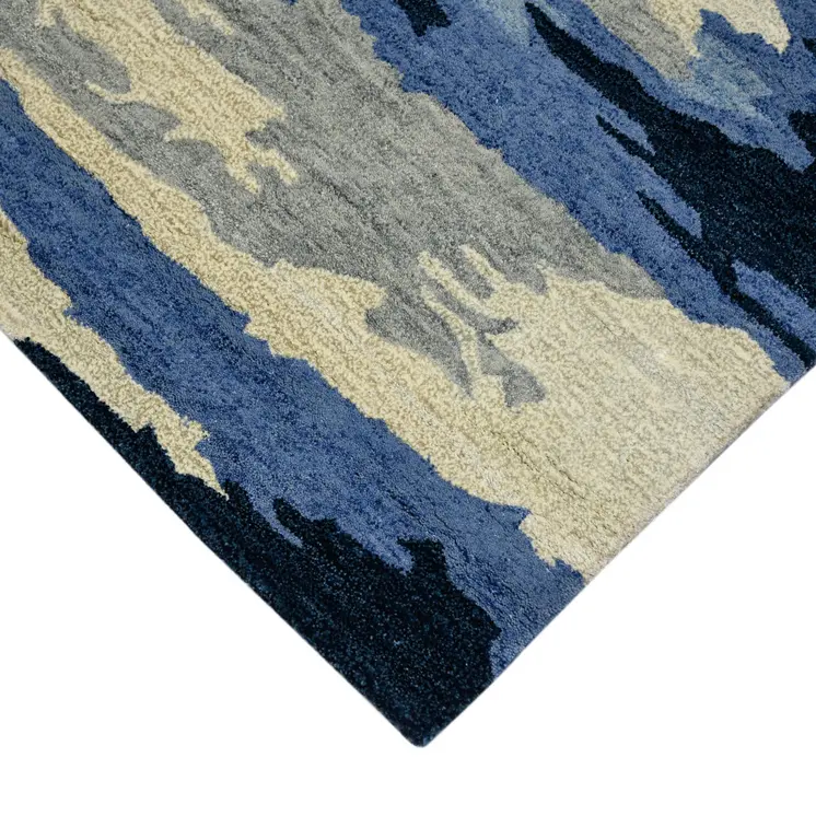 5' X 8' Navy Blue Ivory And Gray Wool Abstract Hand Tufted Area Rug