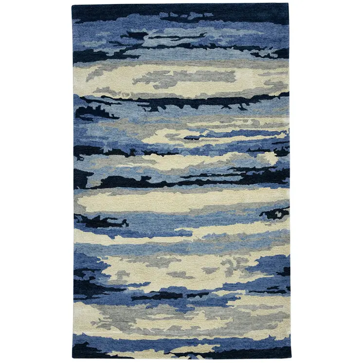 5' X 8' Navy Blue Ivory And Gray Wool Abstract Hand Tufted Area Rug