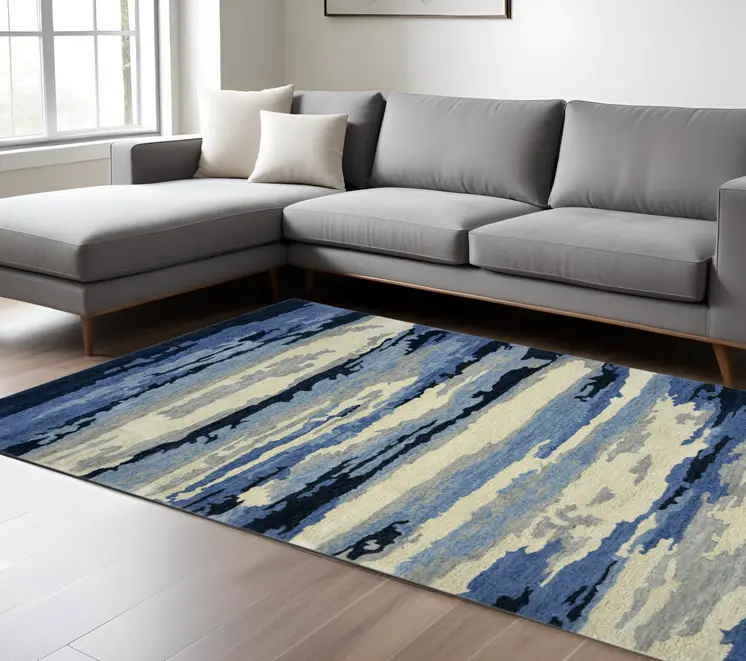 8' X 10' Navy Blue Ivory And Gray Wool Abstract Hand Tufted Area Rug