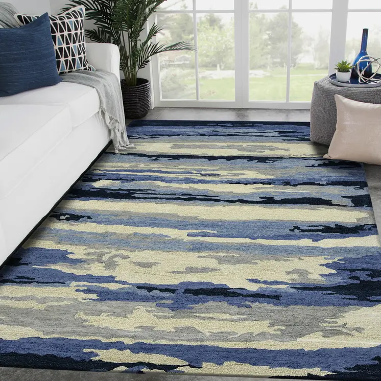 8' X 10' Navy Blue Ivory And Gray Wool Abstract Hand Tufted Area Rug