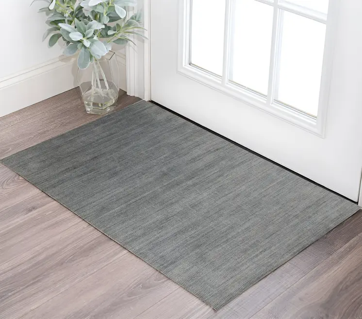 3' X 5' Silver And Blue Wool Striped Hand Woven Area Rug