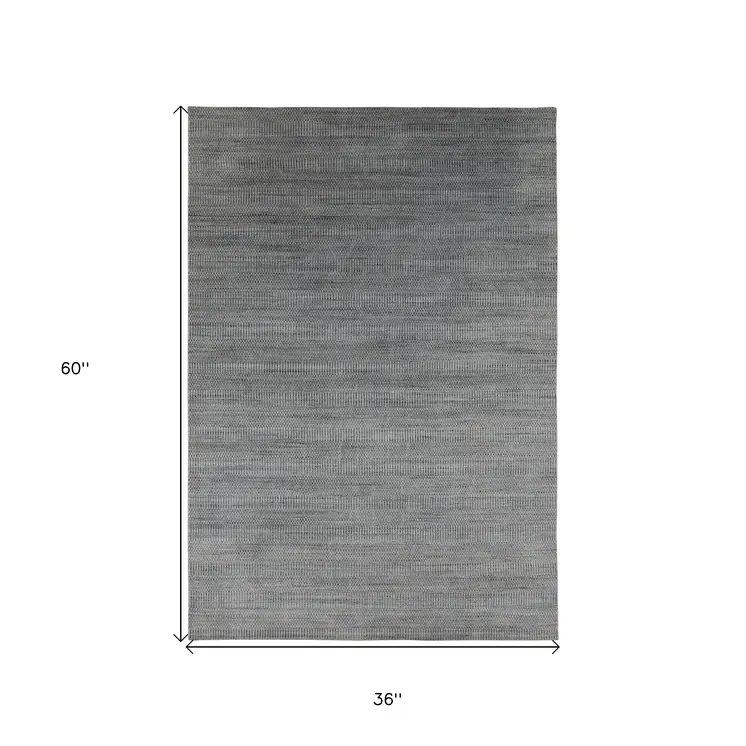 3' X 5' Silver And Blue Wool Striped Hand Woven Area Rug