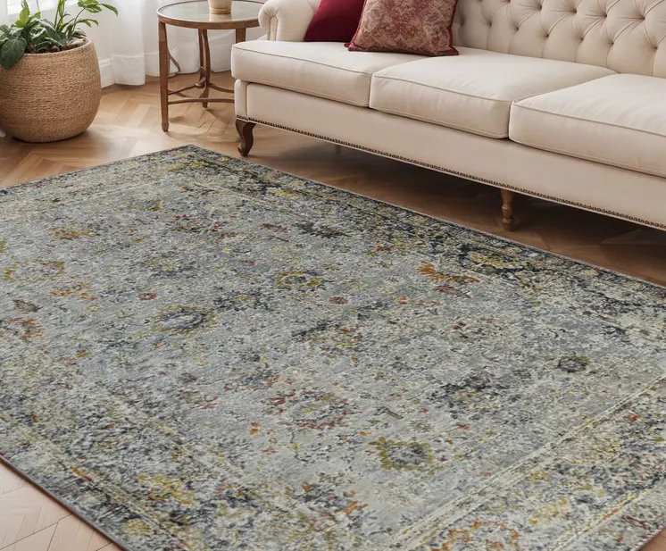 5' X 8' Gray Blue And Rust Floral Medallion Area Rug