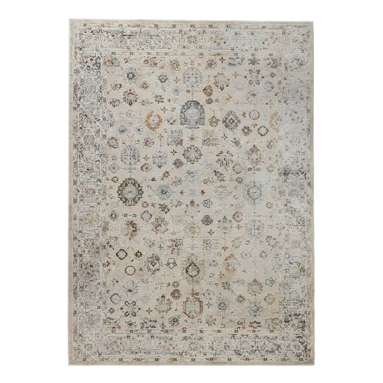 8' Ivory Blue And Gray Floral Medallion Runner Rug