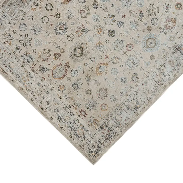 8' Ivory Blue And Gray Floral Medallion Runner Rug