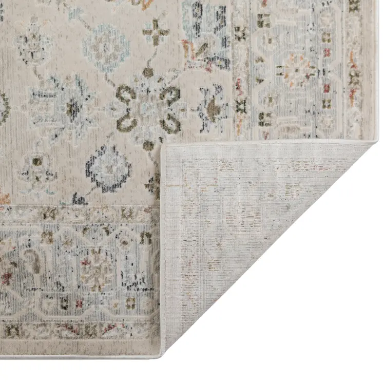 8' Ivory Blue And Gray Floral Medallion Runner Rug