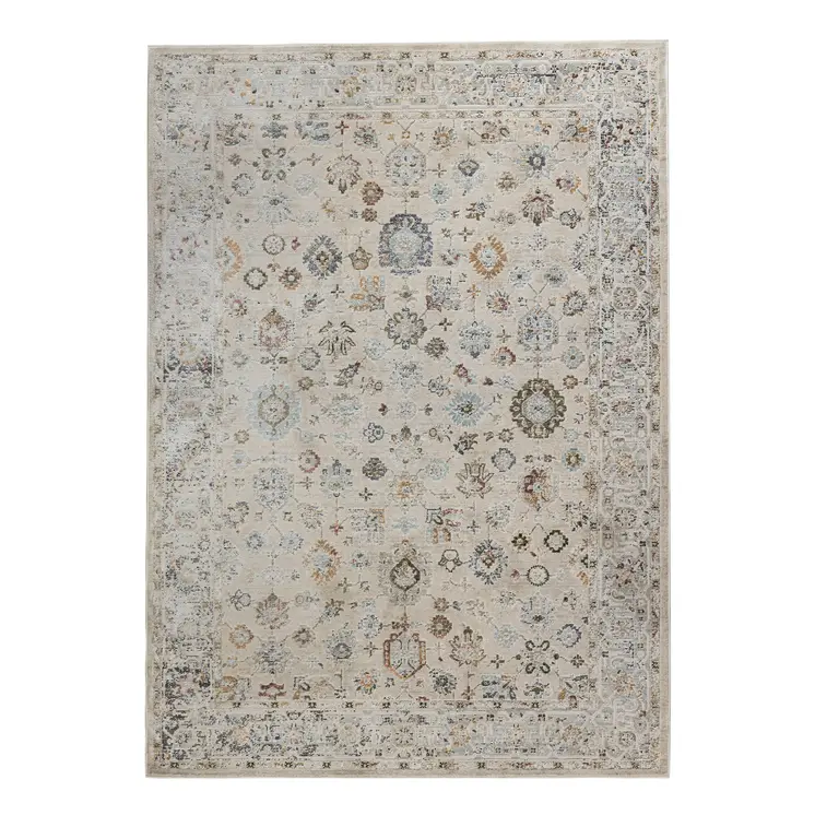 8' Ivory Blue And Gray Floral Medallion Runner Rug