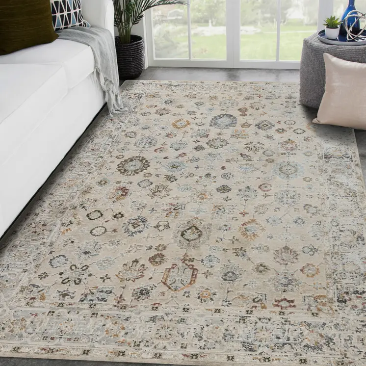 8' X 11' Ivory Blue And Gray Floral Medallion Area Rug