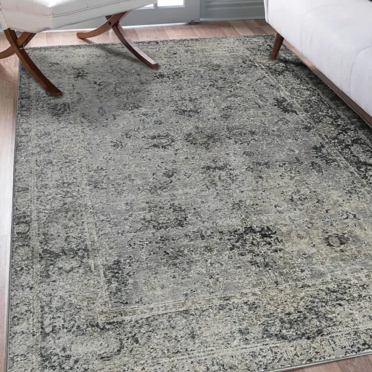 3' X 5' Gray And Black Floral Medallion Area Rug