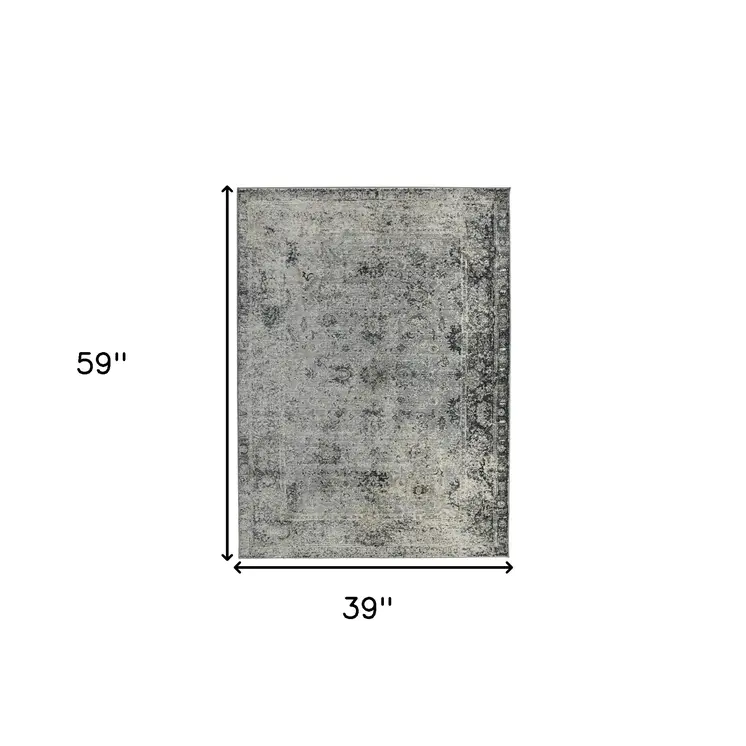 3' X 5' Gray And Black Floral Medallion Area Rug