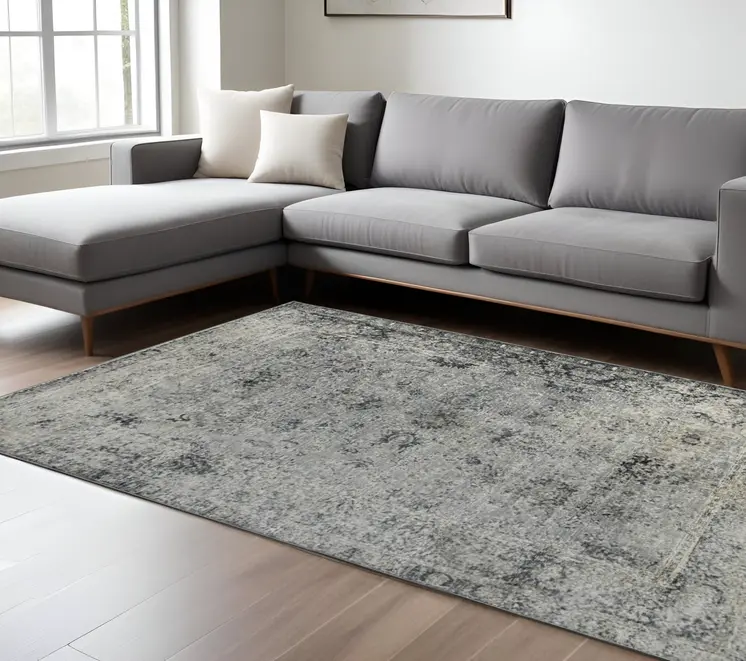 9' X 12' Gray And Black Floral Medallion Area Rug