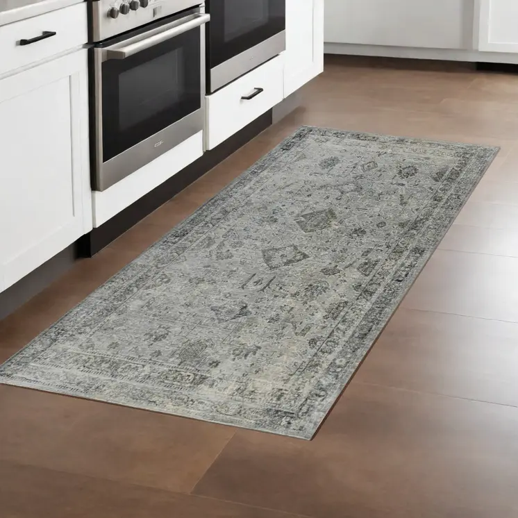 8' Gray And Charcoal Medallion Runner Rug