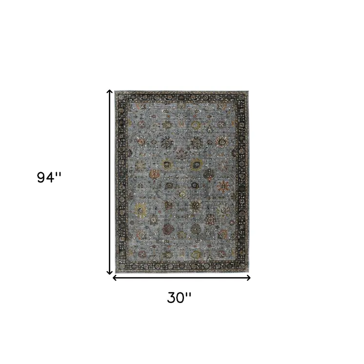 8' Black Gray And Brown Floral Runner Rug