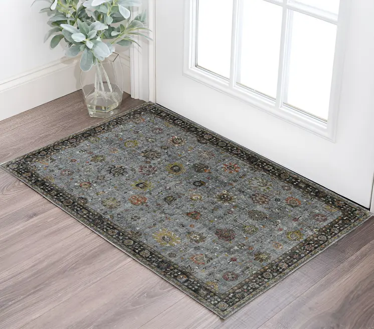 2' X 3' Black Gray And Brown Floral Medallion Area Rug