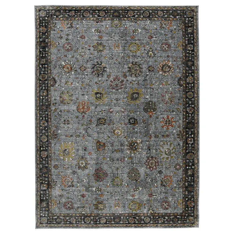 8' X 11' Black Gray And Brown Floral Medallion Area Rug