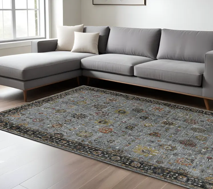 9' X 12' Black Gray And Brown Floral Medallion Area Rug