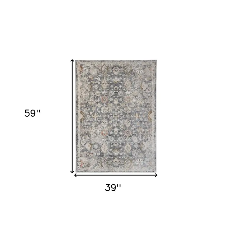 3' X 5' Dark Gray Ivory And Brown Medallion Area Rug