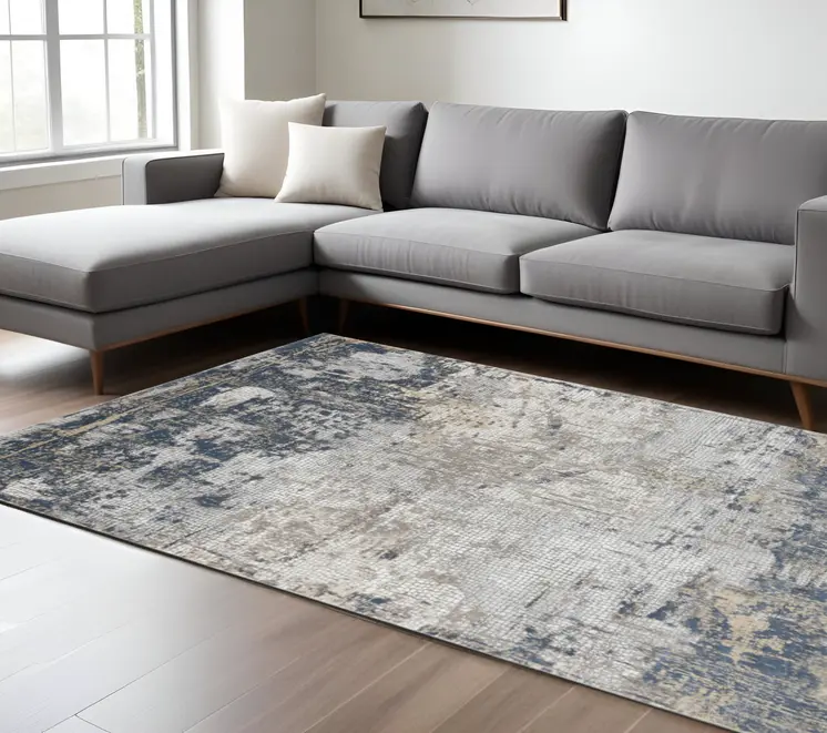 8' X 10' Beige Dark Blue And Gray Abstract Area Rug