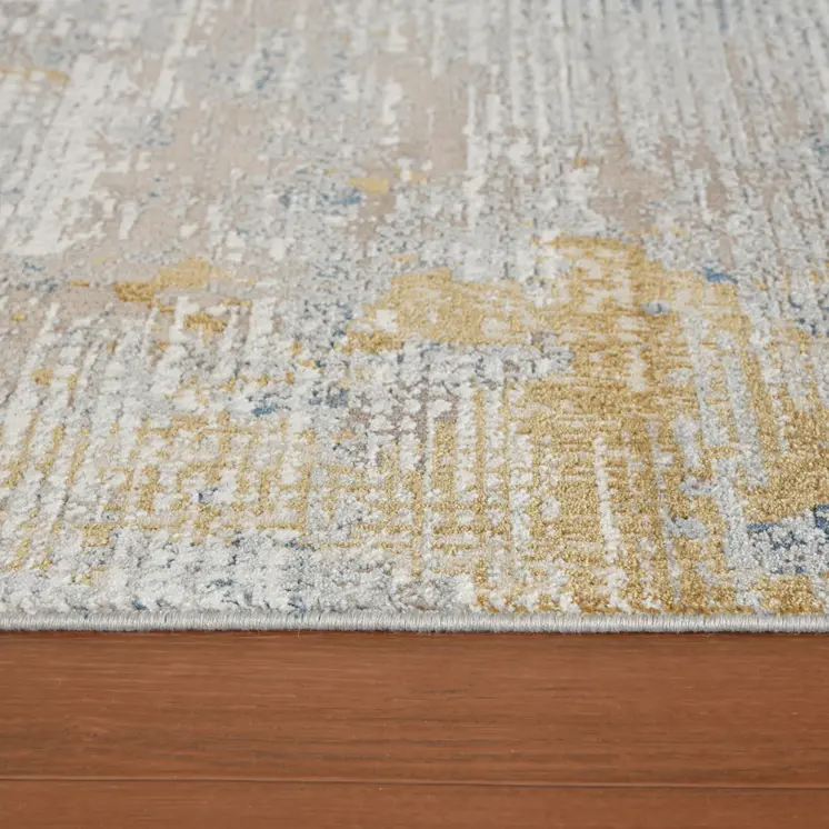 8' X 10' Gold Ivory And Blue Abstract Area Rug