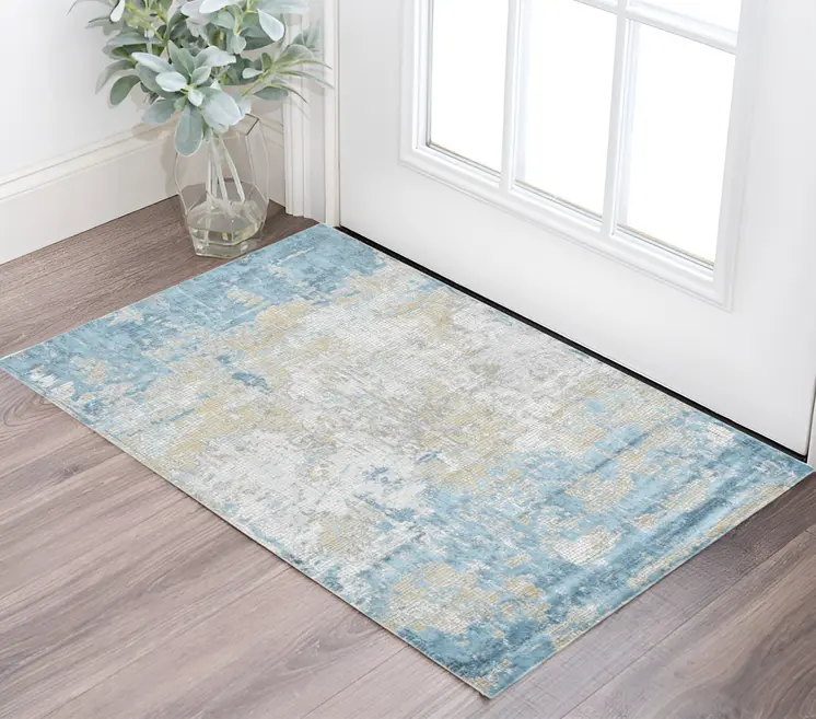 2' X 3' Gold Sky Blue And Ivory Abstract Area Rug