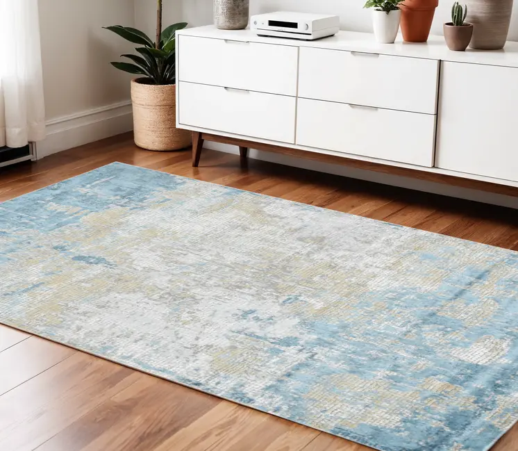 4' X 6' Gold Sky Blue And Ivory Abstract Area Rug