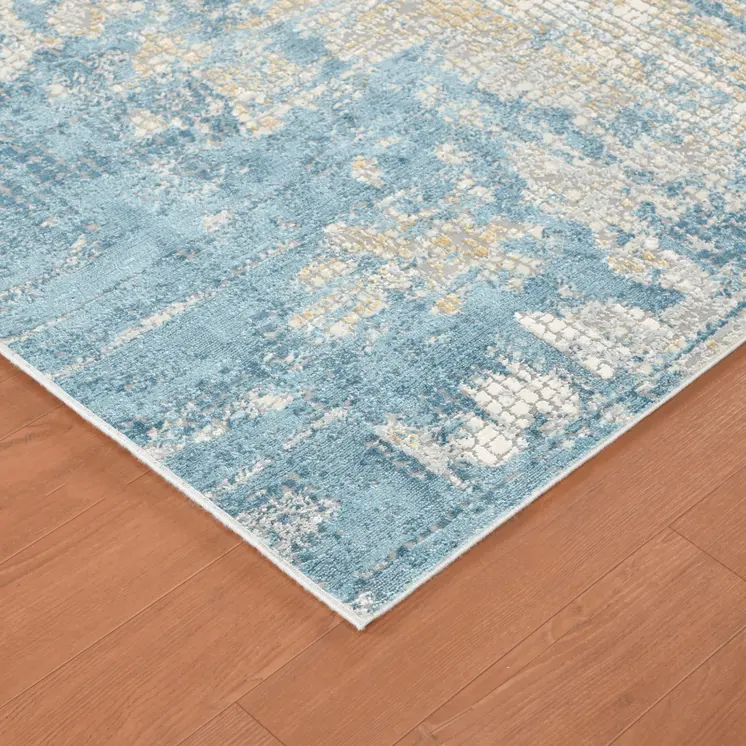 8' X 10' Gold Sky Blue And Ivory Abstract Area Rug