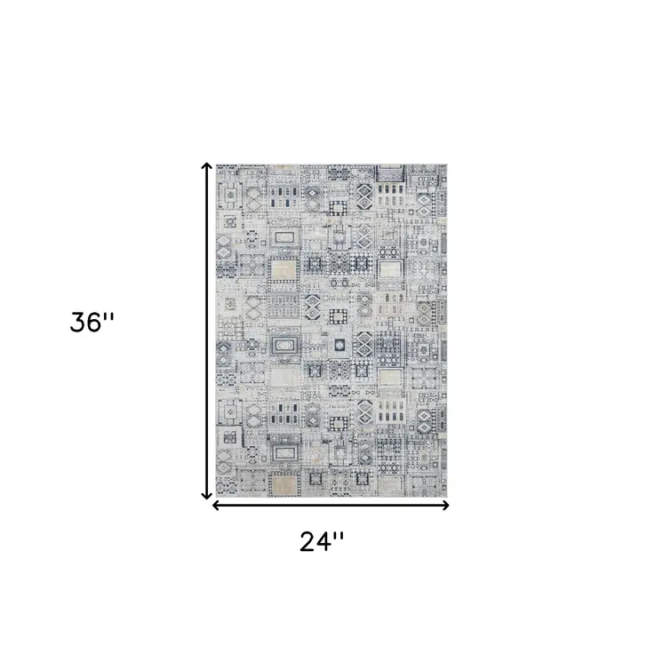 2' X 3' Ivory Black And Gold Ikat Area Rug